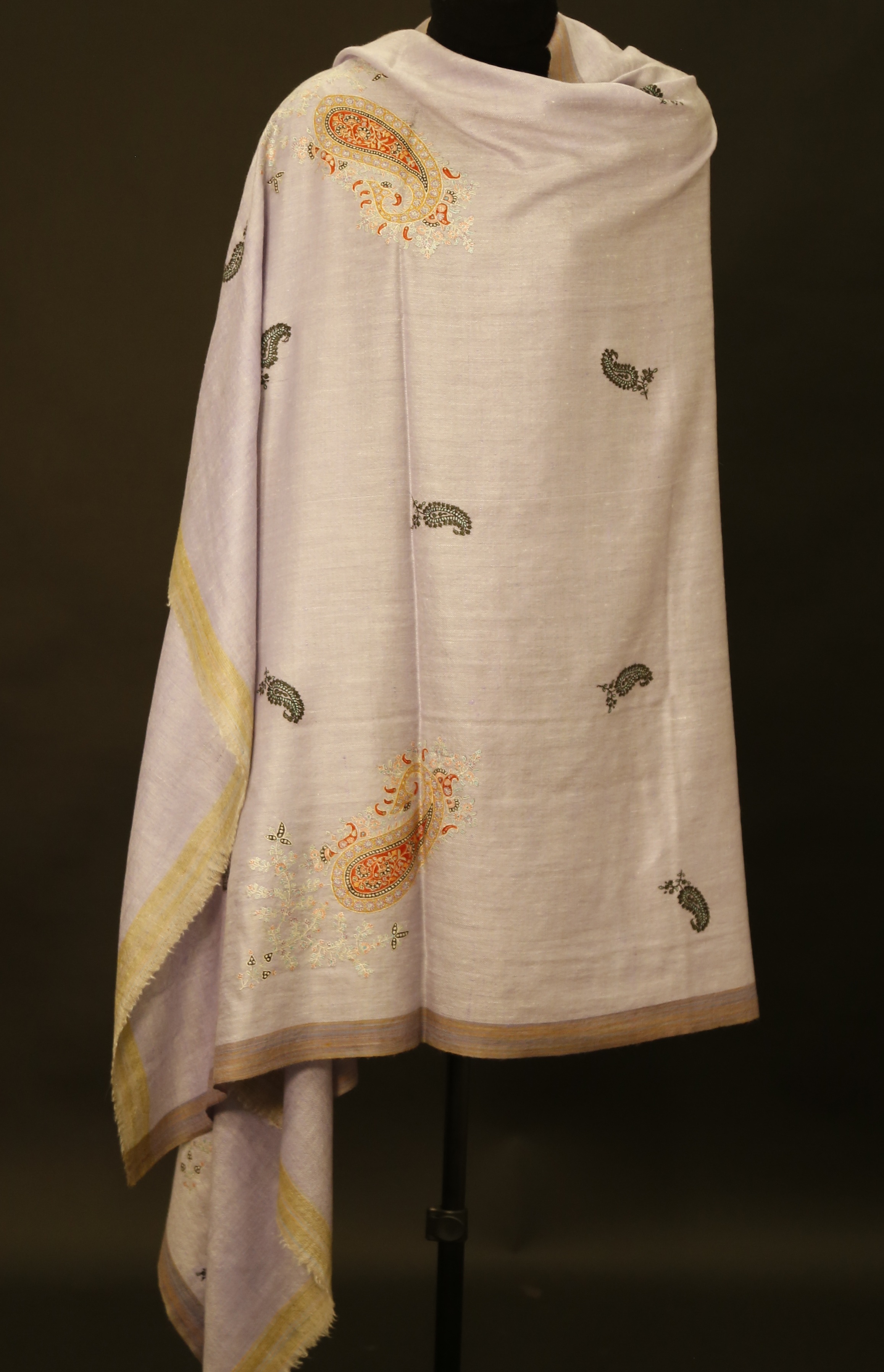 Hand-embroidered bespoke Kashmiri Pashmina with gold thread work on dark fabric